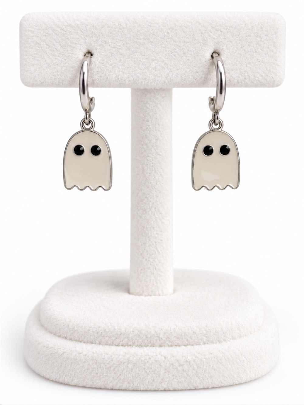 Halloween Ghost Dangle Hoop Earrings Silver Tone White & Black